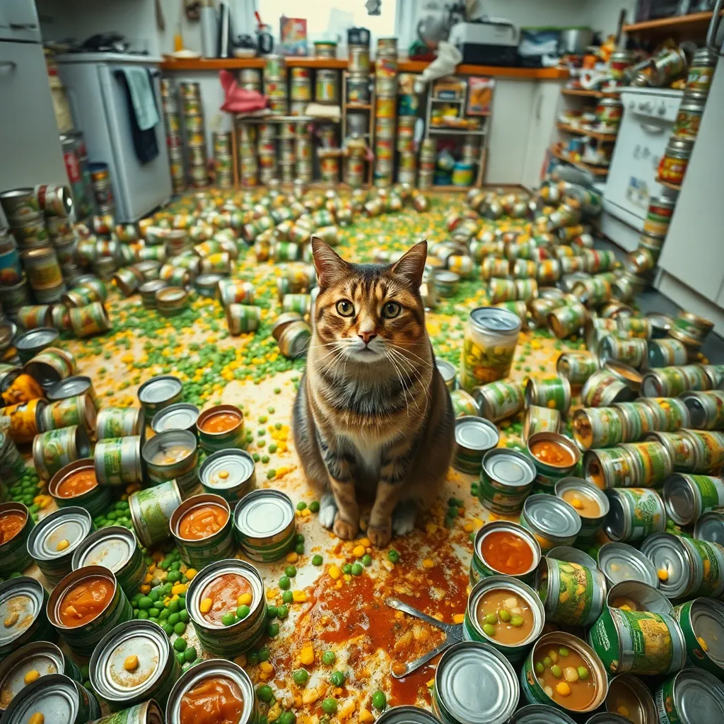 A kitchen floor covered in dozens of open tin cans, spilled peas, corn, and sauce everywhere, a cat sitting in the middle of the mess looking unsatisfied, wide angle shot, chaotic atmosphere
