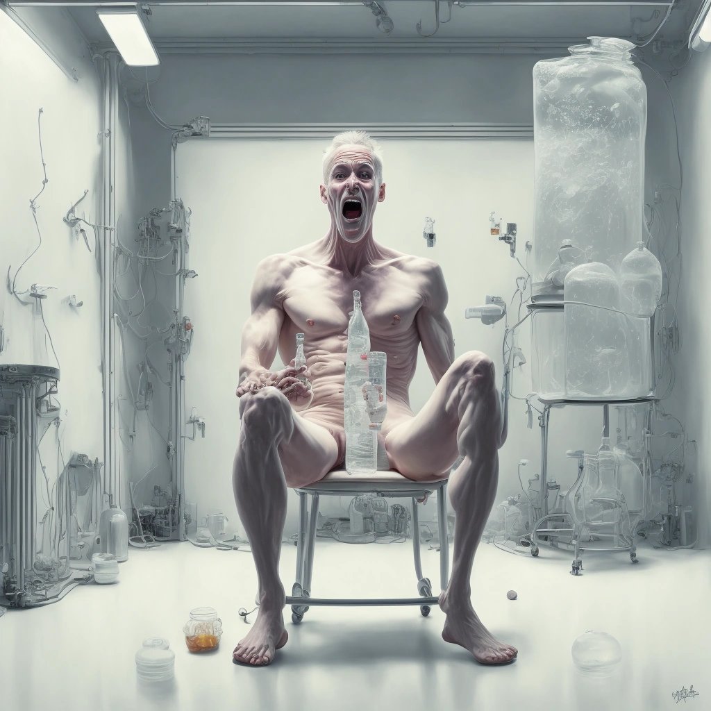 Nude man with water jug in clean room