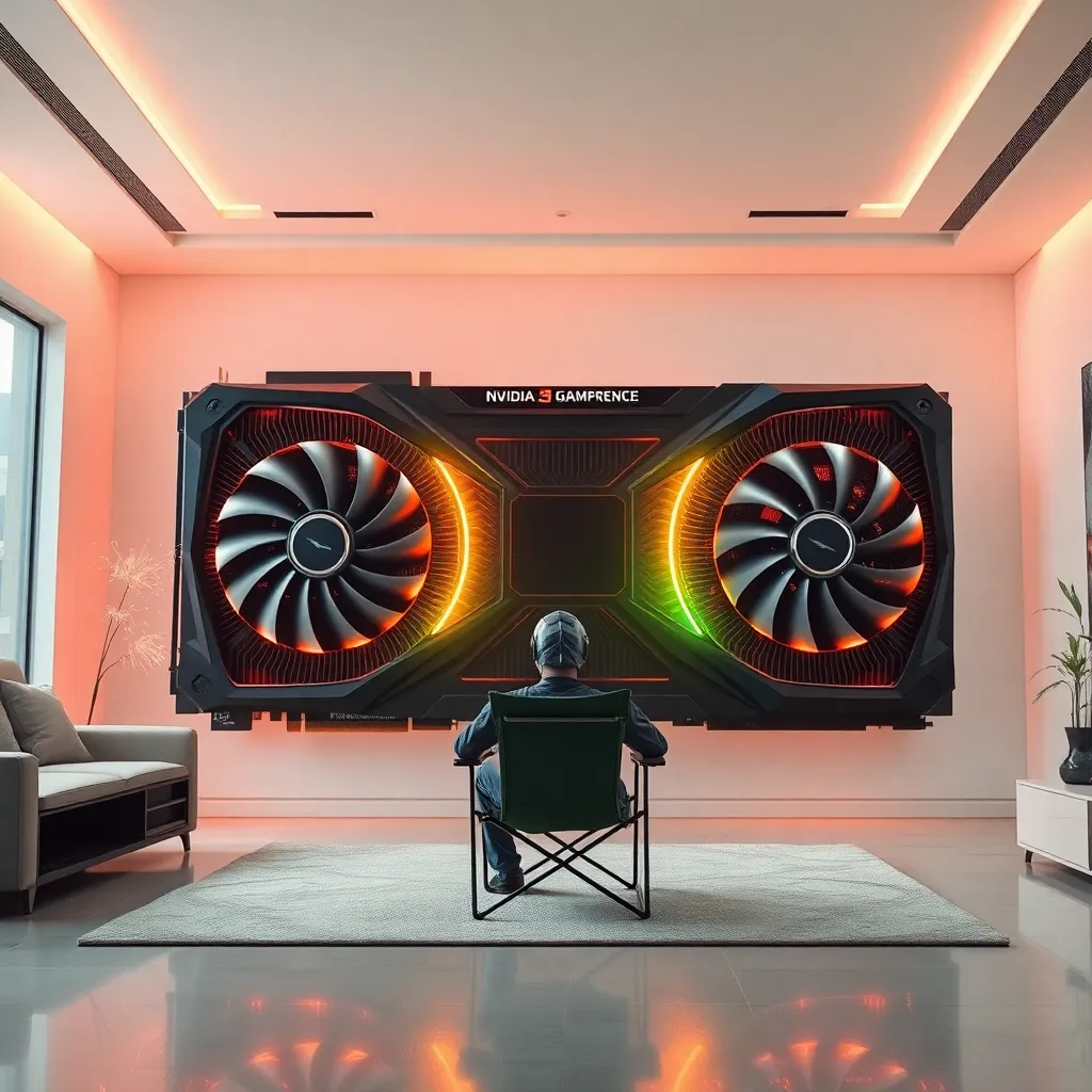 A futuristic living room where the entire back wall is a massive, pulsating NVIDIA graphics card with spinning chrome fans, a tiny gamer sitting in a lawn chair in front of it wearing a heat-shield suit, sparks flying