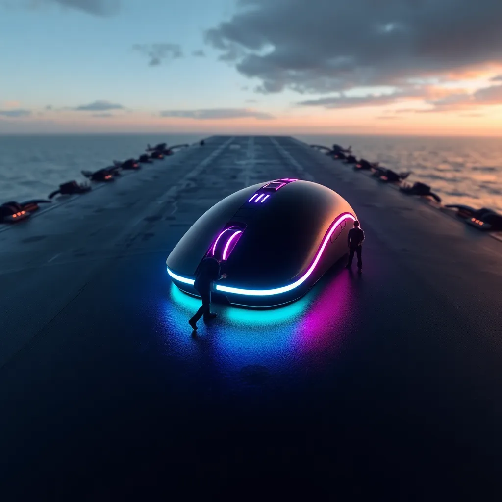 A wide shot of an aircraft carrier flight deck covered in a giant black mousepad texture, with a single glowing RGB gaming mouse the size of a small car being pushed by three people