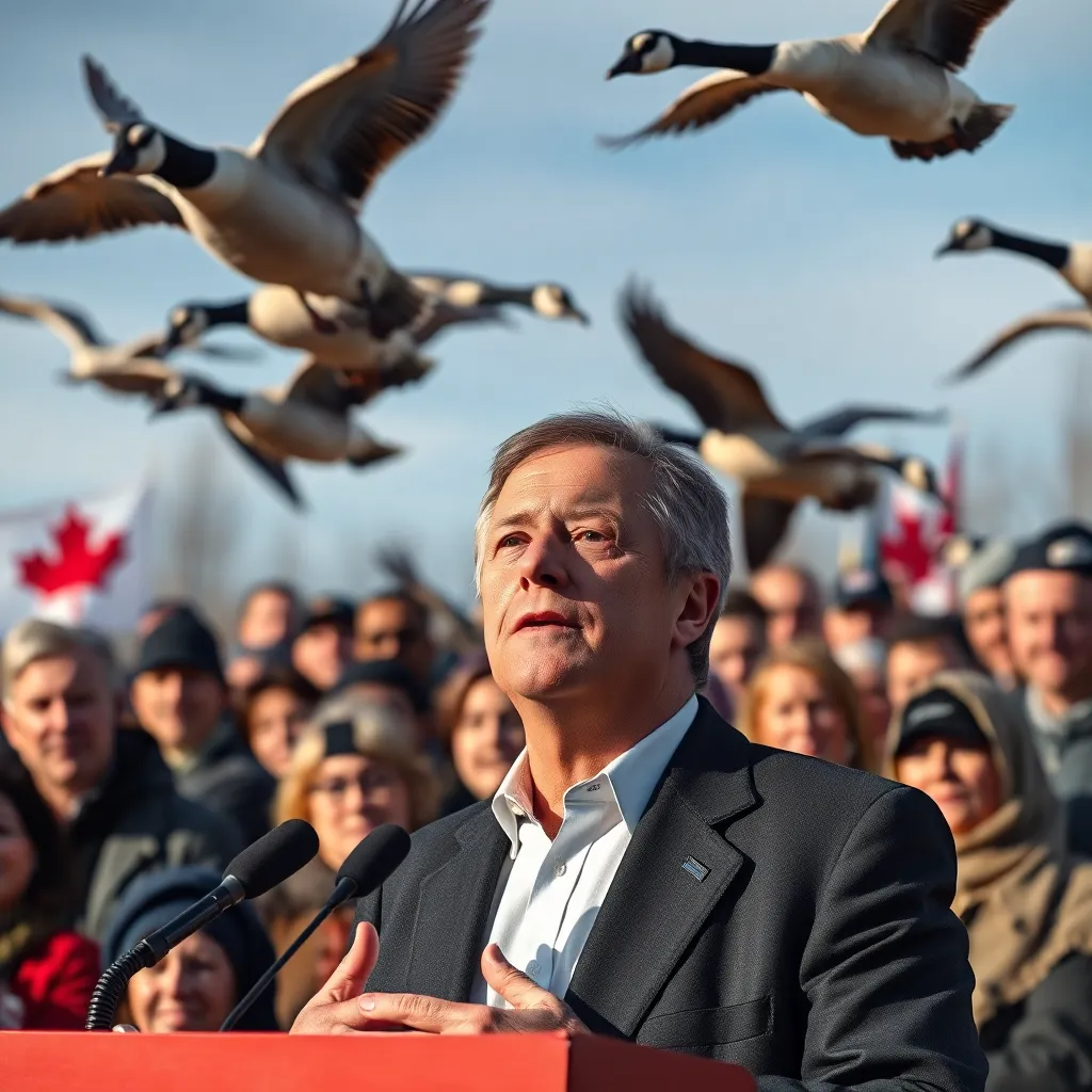 a Canadian government official apologizing to a crowd, with geese flying overhead, looking both apologetic and bemused
