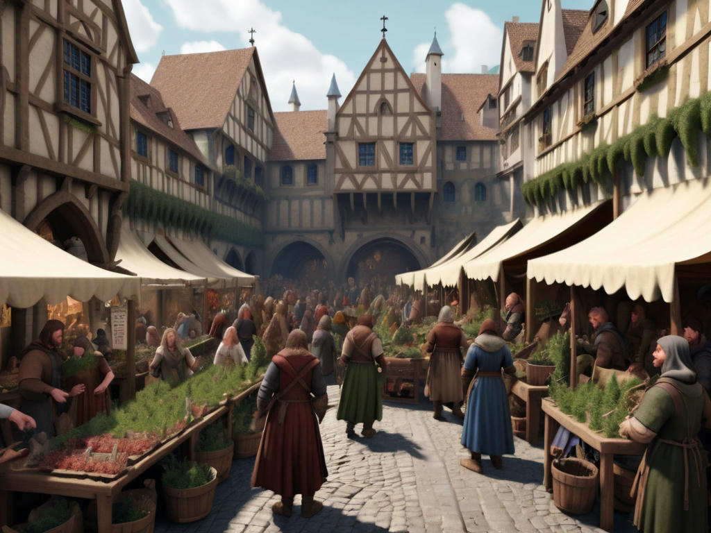 medieval marketplace with people frantically buying and selling shrubberies, chaos and confusion everywhere