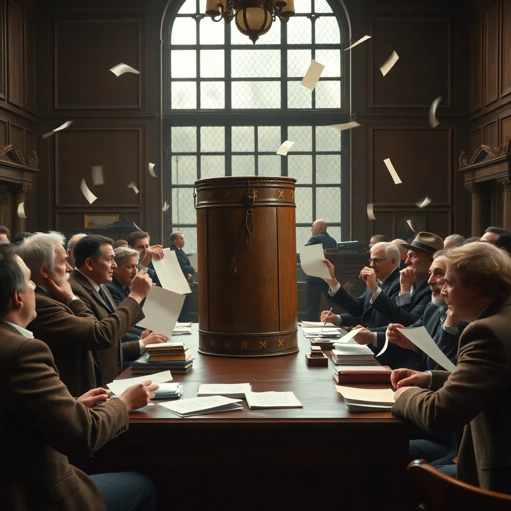 wood-paneled academic conference in chaos, historians and philosophers arguing passionately around a giant antique tobacco can on a lecture table, papers flying, tweed jackets, cinematic realism