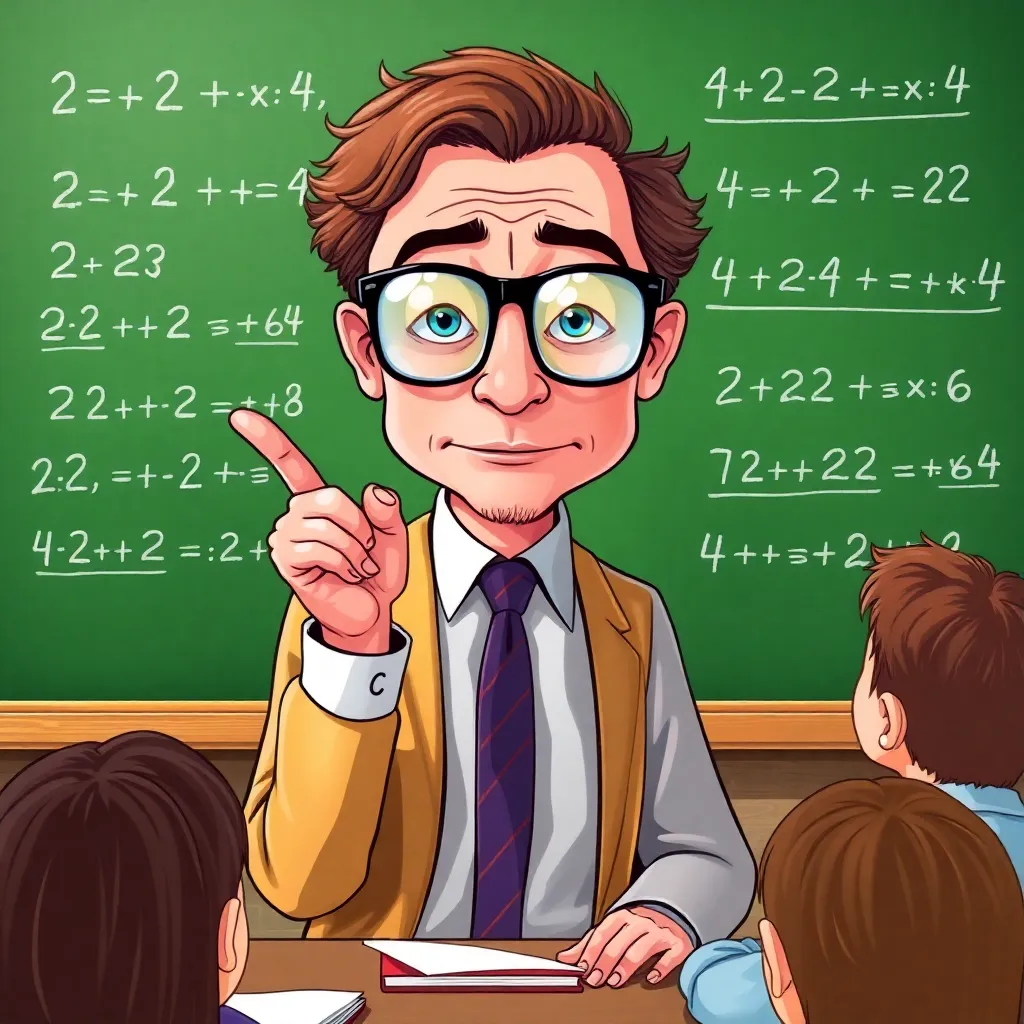 bespectacled linguist wearing glasses with reversed lenses, pointing at a chalkboard covered in backwards equations like '2+2=4' written as '4=2+2', surrounded by confused students