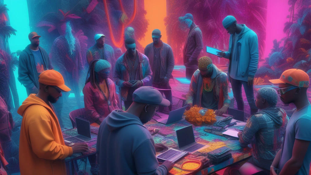 AI-generated image of a diverse group of digital artists collaborating on a project, vibrant colors, high quality, intricate details, futuristic, digital art