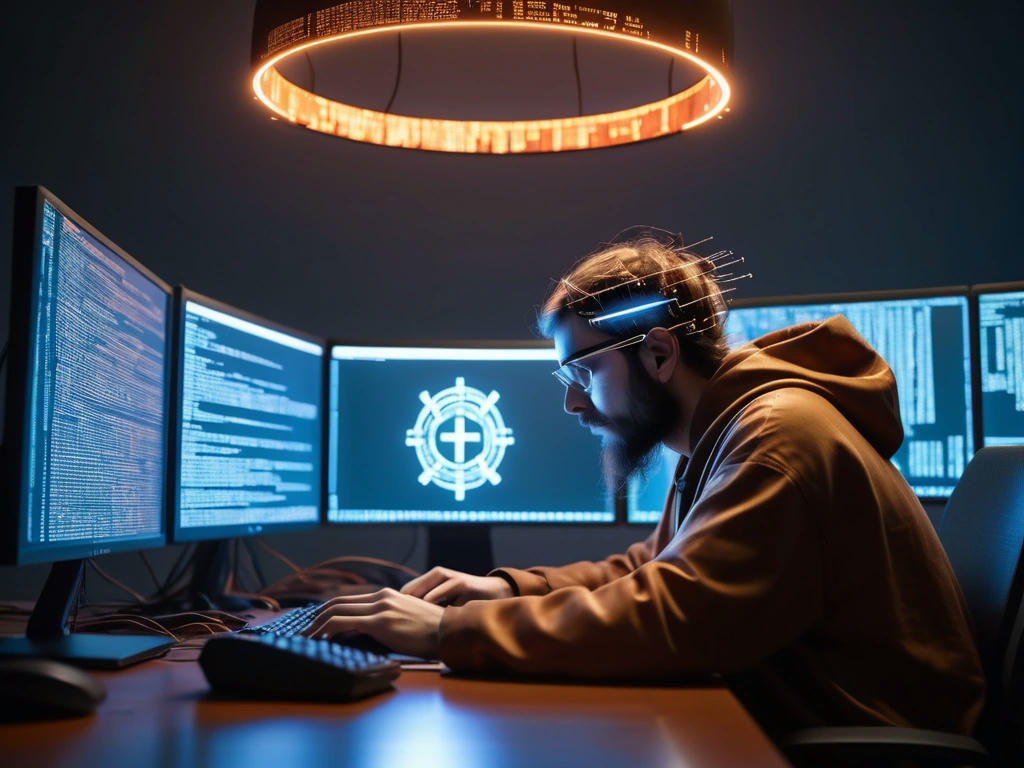 a programmer sitting at a desk, surrounded by screens displaying Rust code, with a halo of light around their head, looking like a saint