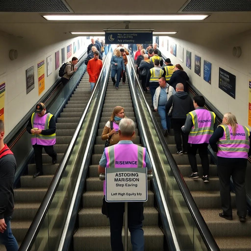busy subway station escalators patrolled by newly appointed ascension marshals in lilac safety vests, commuters in tense standoffs over left and right standing, official signage about step equity, realistic bustling metropolitan atmosphere with absurd bureaucratic details