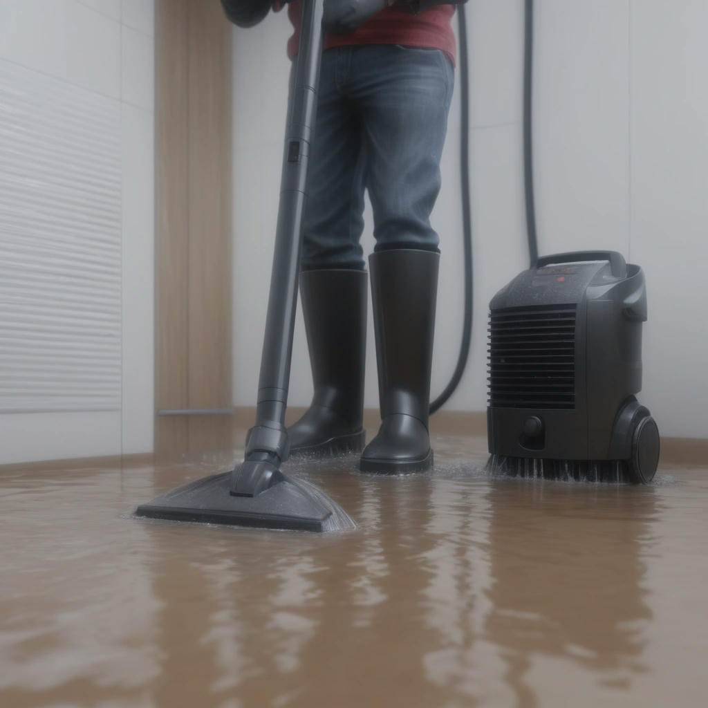 a person using a wet/dry vacuum to remove standing water from a flooded room, with a fan and dehumidifier in the background, high detail, photorealistic, 4k