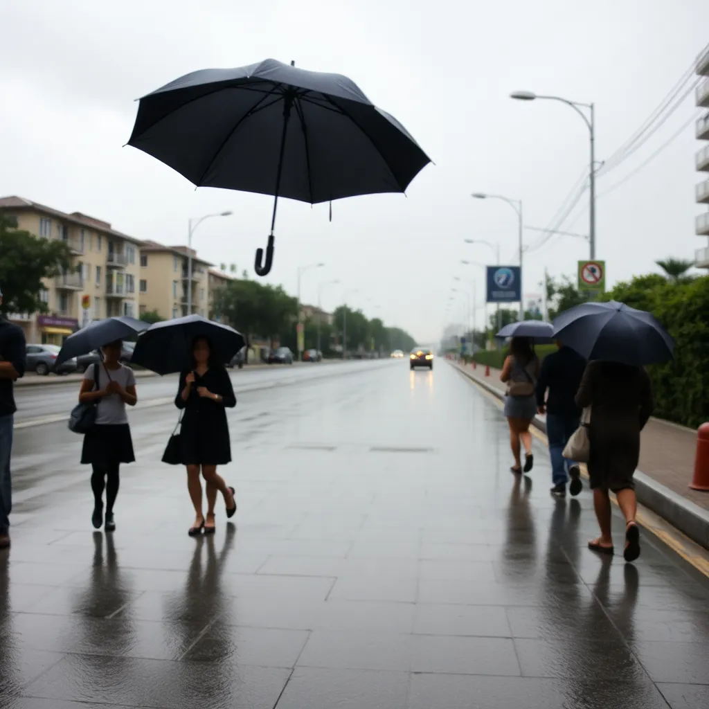 A quiet street scene in the rain, showing several pedestrians holding black umbrellas, the pavement reflecting the grey sky, a calm and unremarkable urban afternoon, documentary photography.
