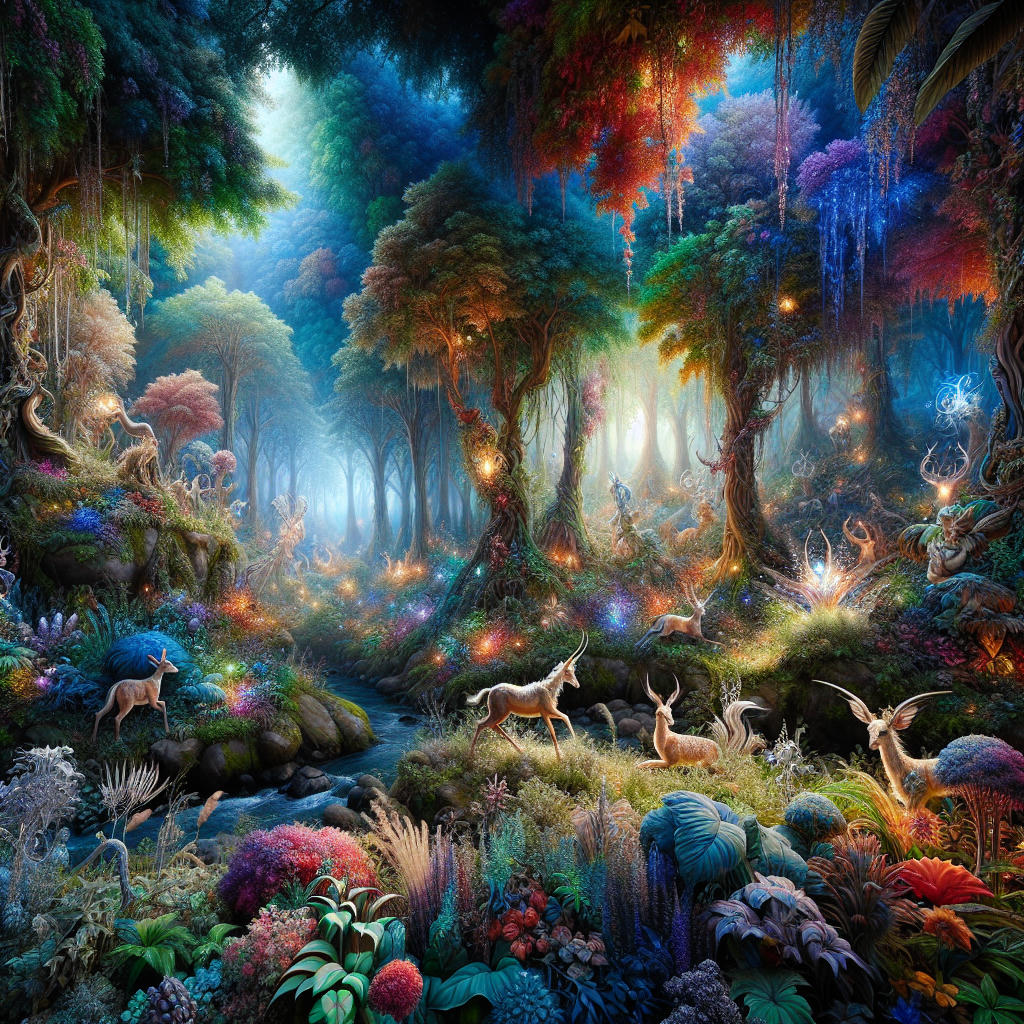 Enchanted forest with glowing flora, mystical creatures, and a serene atmosphere, hyper-detailed, photorealistic, enchanting and magical