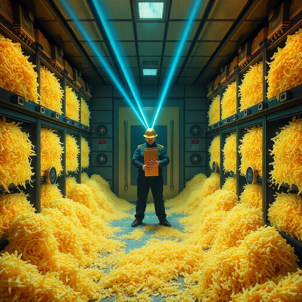 A high-security bank vault filled to the ceiling with glowing piles of shredded mozzarella and cheddar, laser security beams crisscrossing the cheese, a guard standing watch with a golden cheese grater