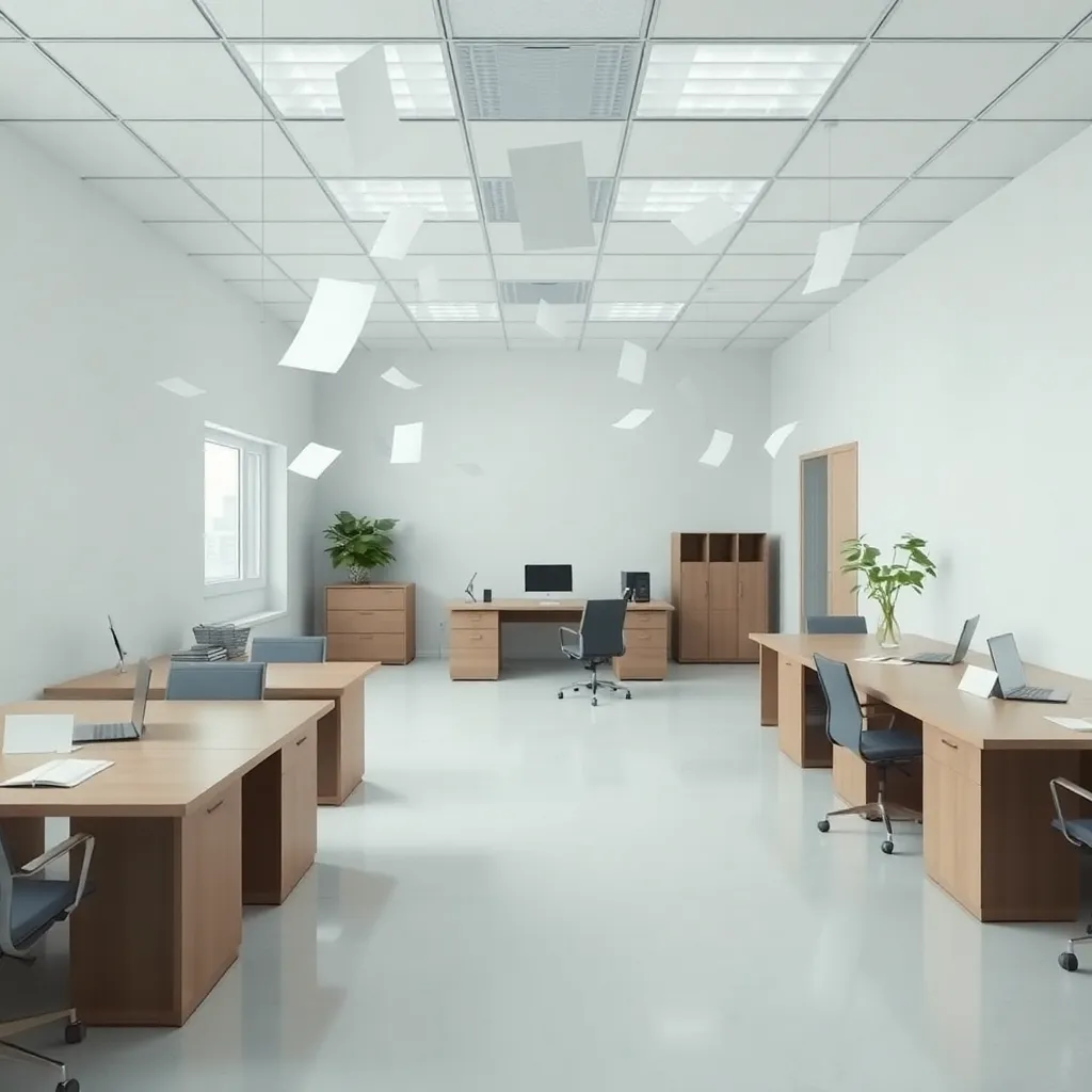 A surreal office with no furniture, no walls, and no people, floating papers that are actually blank, representing the lack of bureaucracy