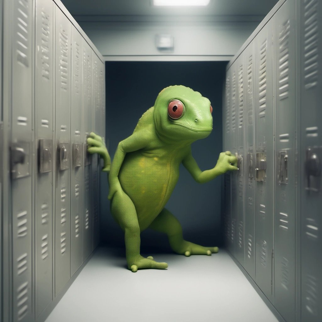 Nerdy Chameleon Blending into Locker