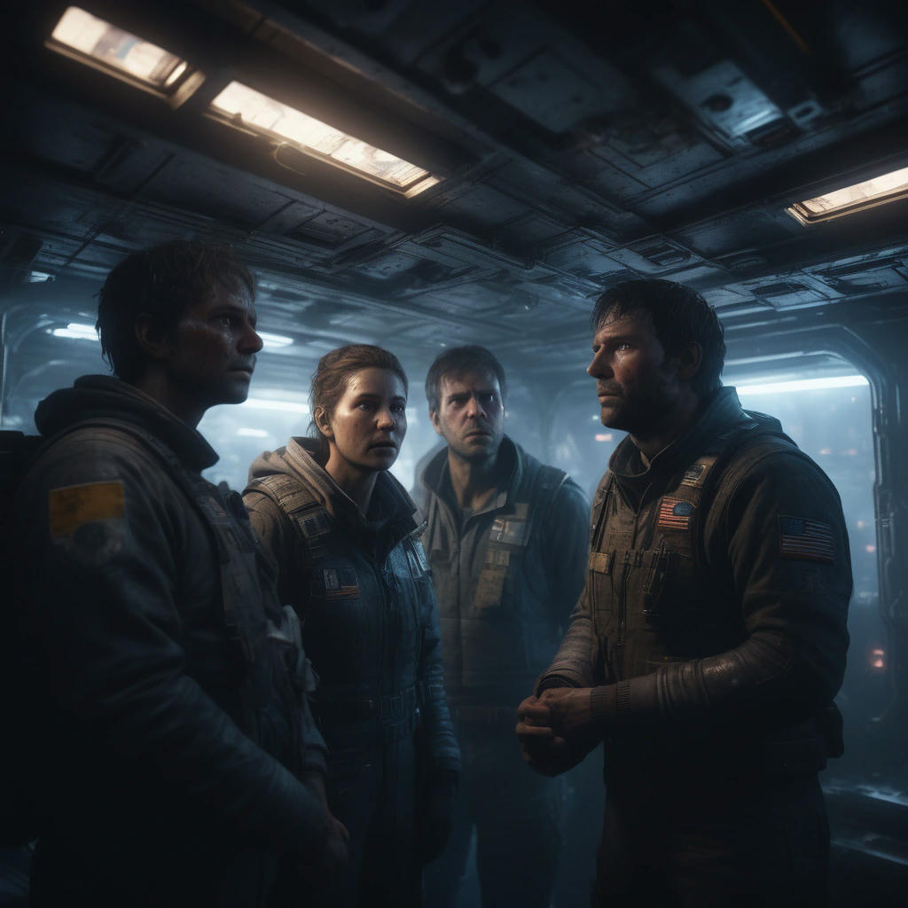 A group of survivors, huddled together in a cramped space station, looking out the viewport at the anomaly's glowing presence, their faces etched with worry and fear, hyper-realistic, 8k, cinematic, dramatic lighting, trending on artstation