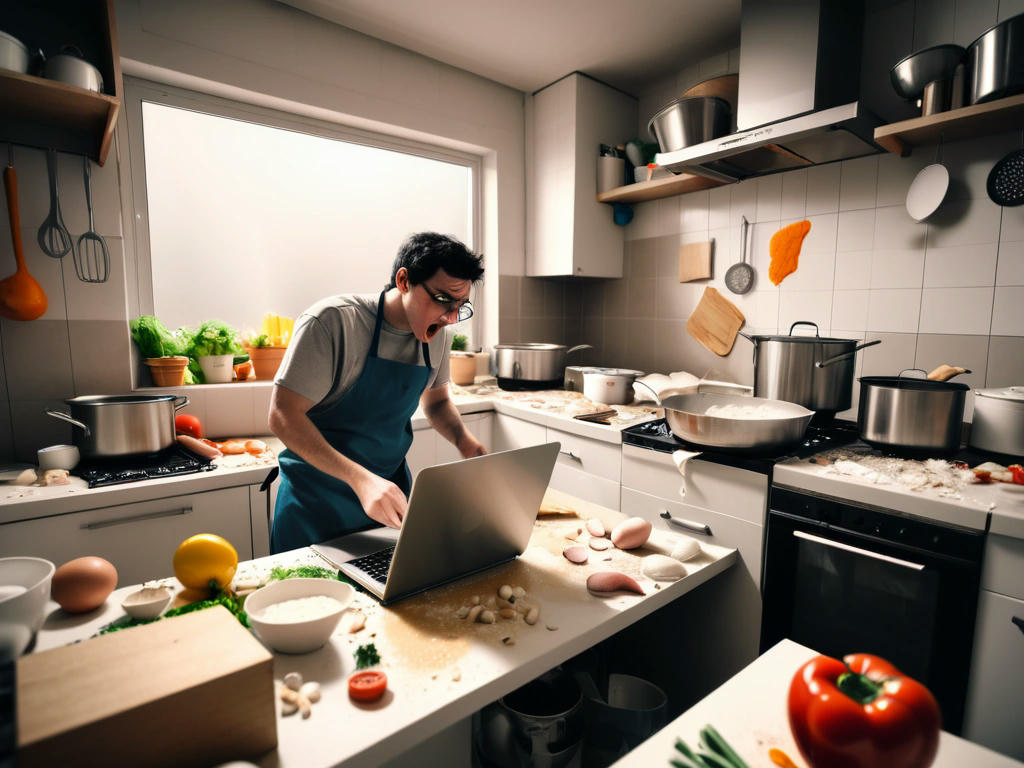 a chaotic kitchen with a person trying to cook using a laptop with ChatGPT open, ingredients scattered everywhere