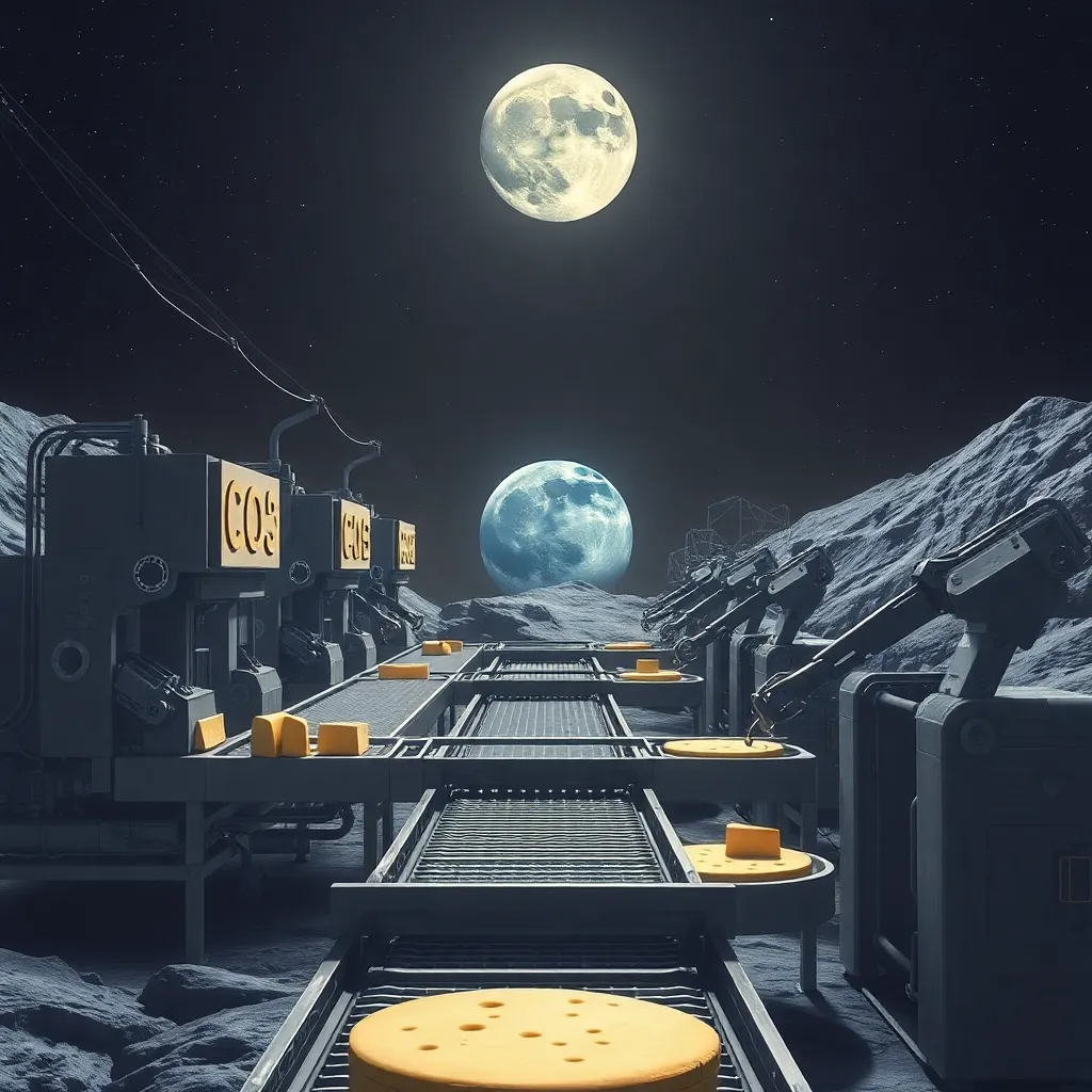 a futuristic cheese factory on the moon, with conveyor belts and robotic arms processing moon cheese, Earth visible in the background