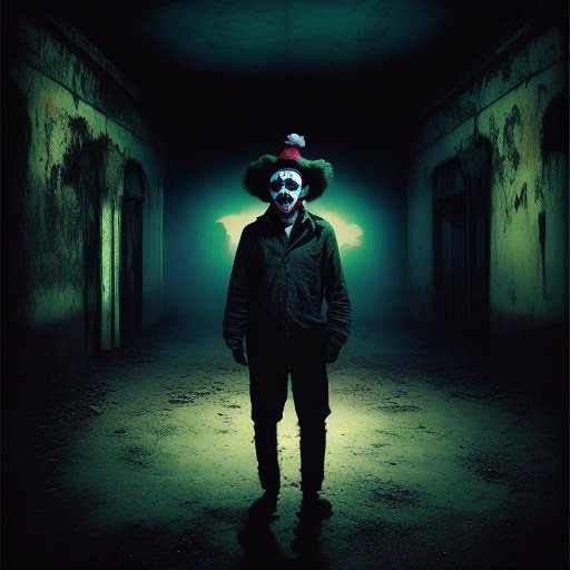 Creepy clown in an abandoned amusement park