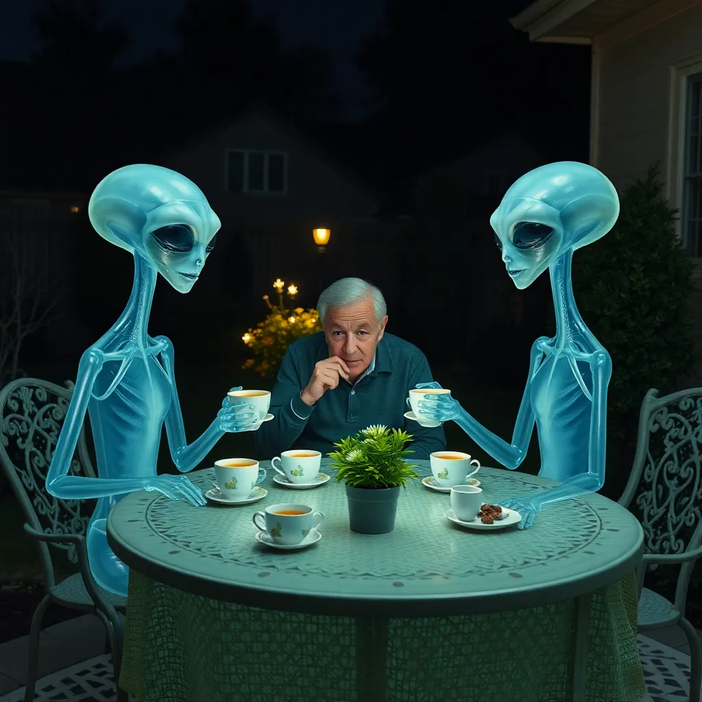 three translucent extraterrestrial visitors seated at a quaint patio table in a suburban backyard, sipping herbal tea from old duck-pattern cups while an elderly man enthusiastically explains potted plants, nighttime garden glowing softly, charming bizarre realism