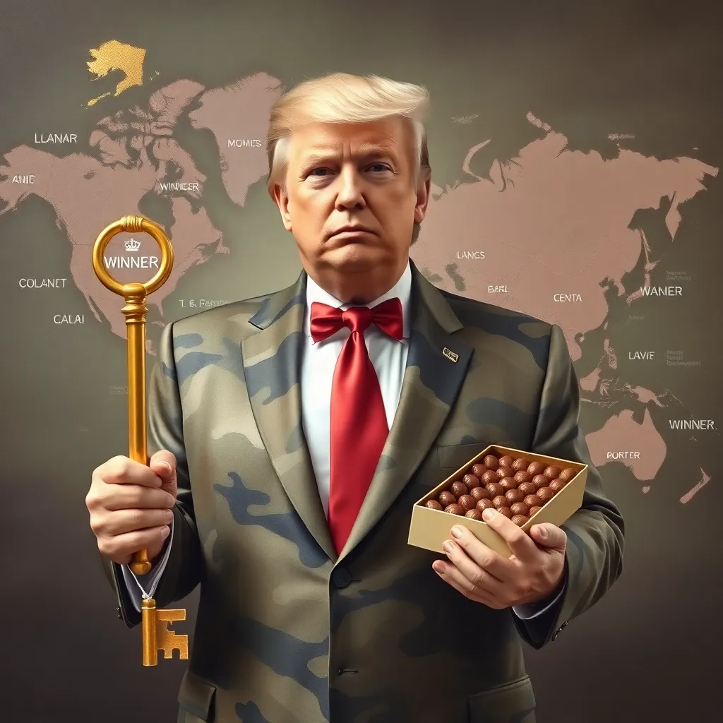 Donald Trump wearing a camouflage suit made of silk, holding a giant golden key and a box of chocolates, standing in front of a map of the world where every country is labeled 'WINNER', oil painting style