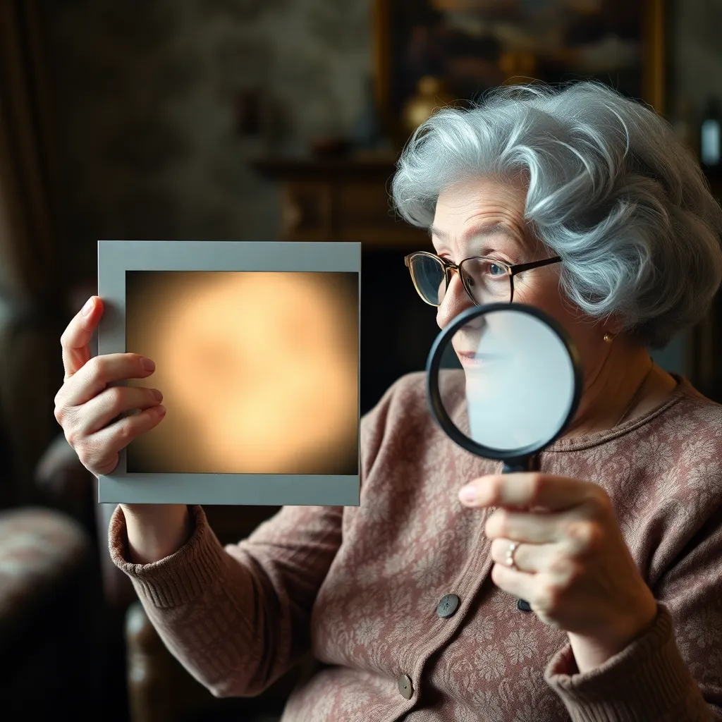 An elderly woman looking at a digital photo frame that shows a blurry, unrecognizable beige blob, she is holding a magnifying glass and looking confused, Victorian living room setting
