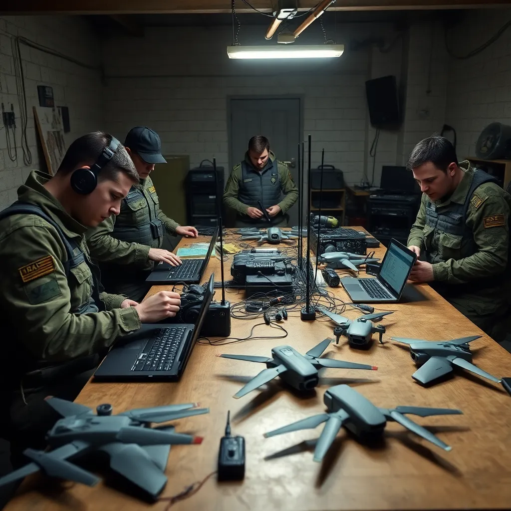 workshop in wartime Ukraine, engineers and soldiers assembling improvised anti-drone equipment, radio jammers, antennas, rugged laptops, spare drone parts on tables, generator light, determined atmosphere, documentary realism, intricate details