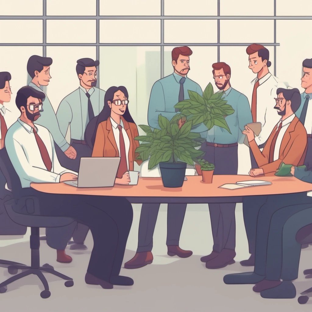 Employees trying to have a meeting with the potted plant CEO
