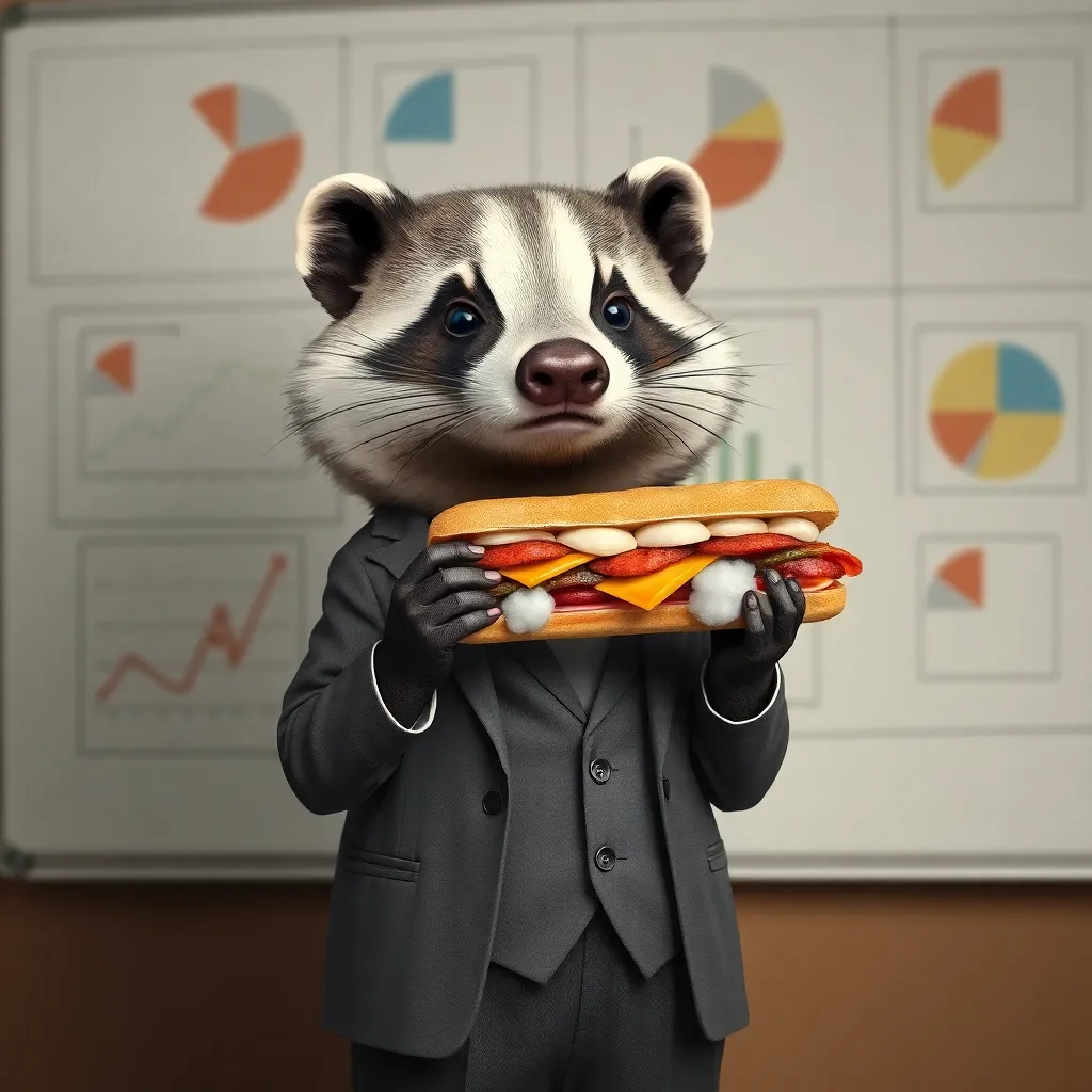 a confused badger wearing a tiny business suit, holding a sandwich made of clouds and existential dread, standing in front of a whiteboard covered in nonsensical pie charts