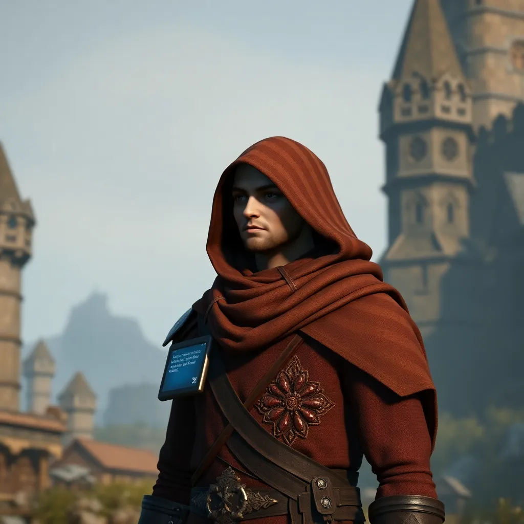 a fantasy video game character, a sarcastic AI companion with a digital interface, commenting on a player's actions in a medieval setting