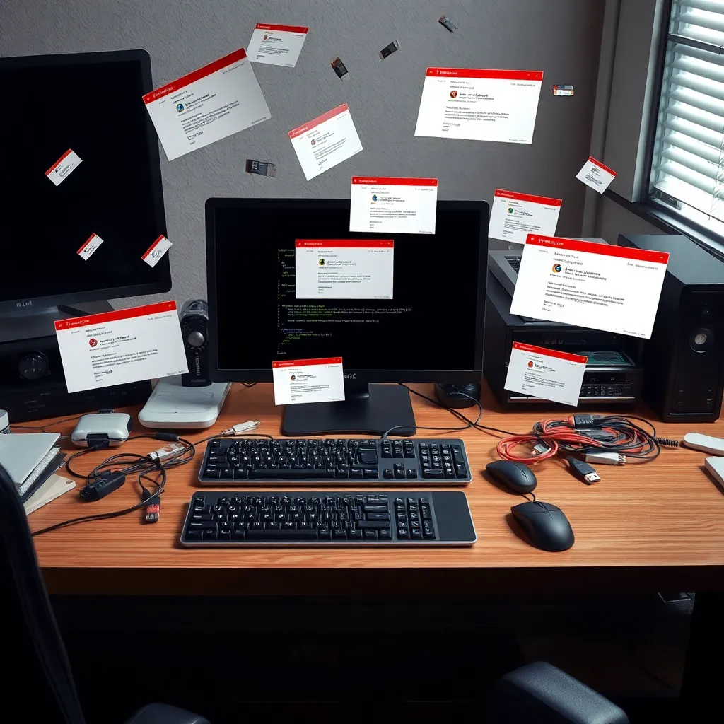a chaotic modern office desk where keyboard, mouse, USB drives and monitor are mysteriously failing at once, operating system error windows floating in the air, absurd high-tech disaster, realistic detail with comic tension