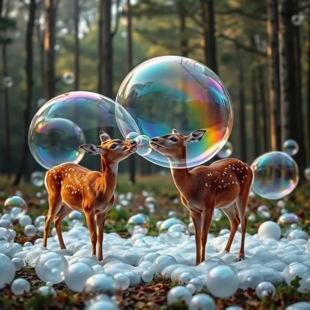 Confused deer standing in a forest clearing covered in giant iridescent soap bubbles, one deer attempting to lick a bubble, rainbow refracting in the foam