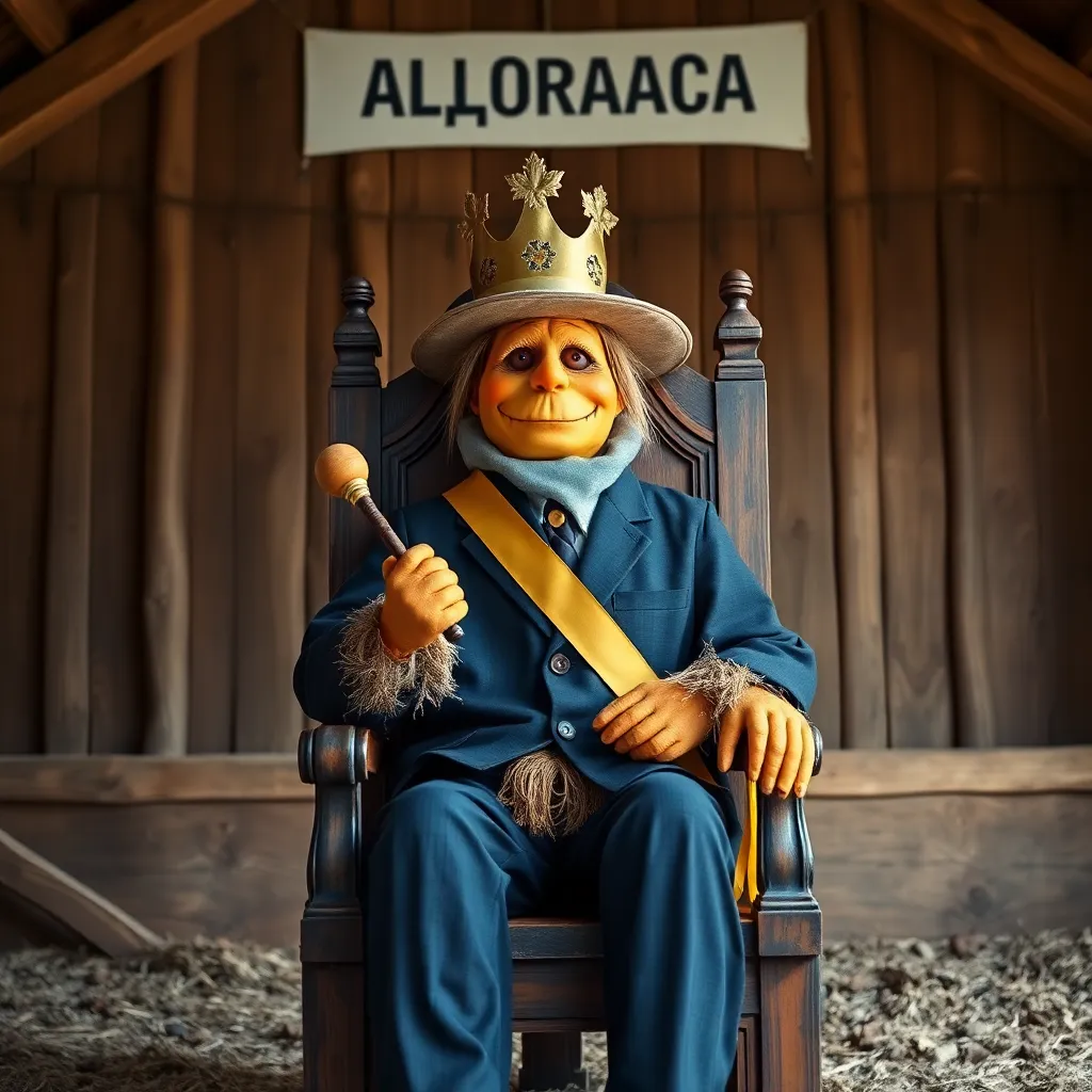 Scarecrow wearing a mayoral sash and holding a gavel made of carrots, sitting on a wooden throne in a barn labeled 'Сільрада', photorealistic