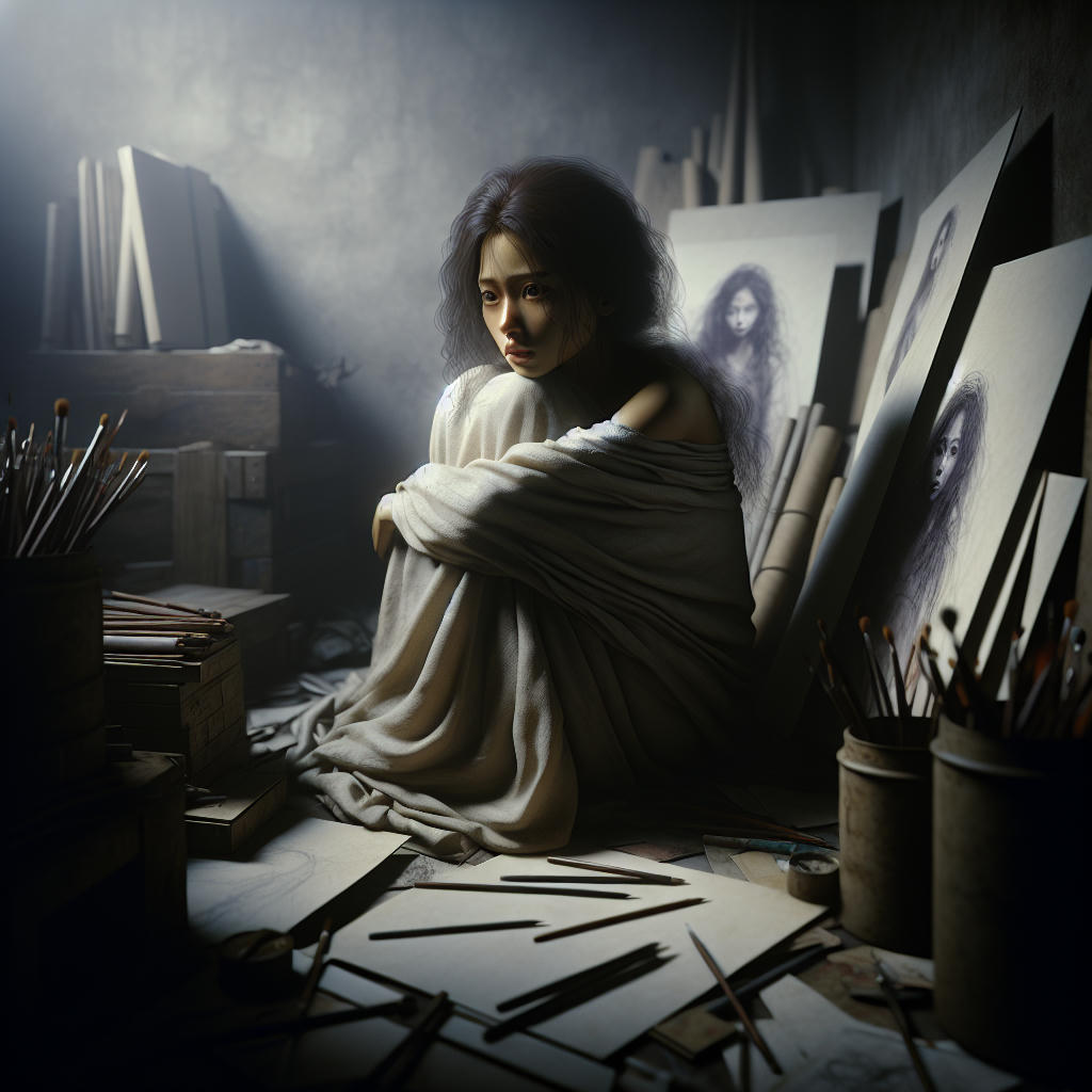 a somber and emotional digital painting of a young artist sitting alone in a dimly lit room, surrounded by sketches and art supplies, with a sense of despair and vulnerability, high quality, photorealistic