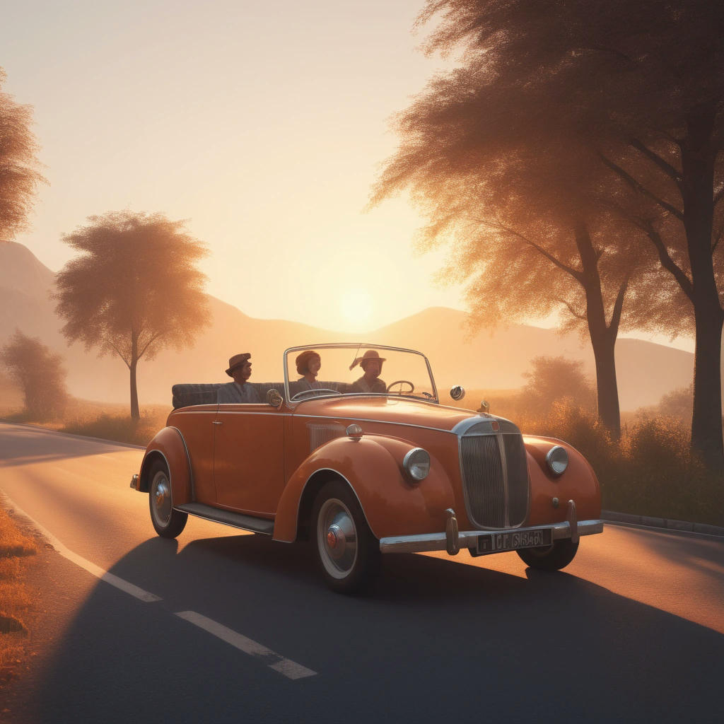 A vintage car on a scenic road, with a happy couple in the front seats, smiling and waving, sun setting in the background, warm and cozy lighting, high-quality, detailed, realistic, 4k, trending on artstation