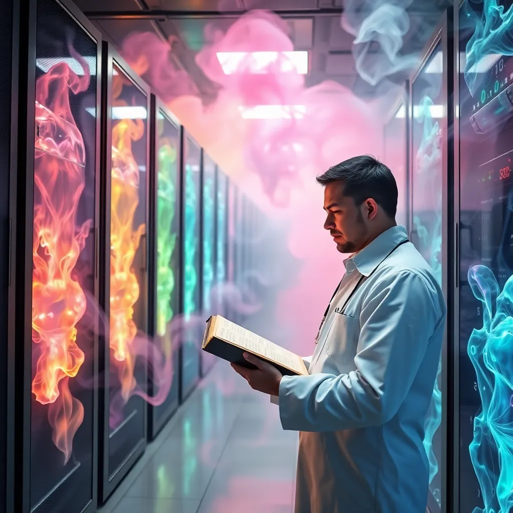 A futuristic server room where the servers are made of translucent crystal and filled with swirling colorful smoke, a technician is reading a leather-bound spellbook to the machines, 8k resolution, surreal atmosphere