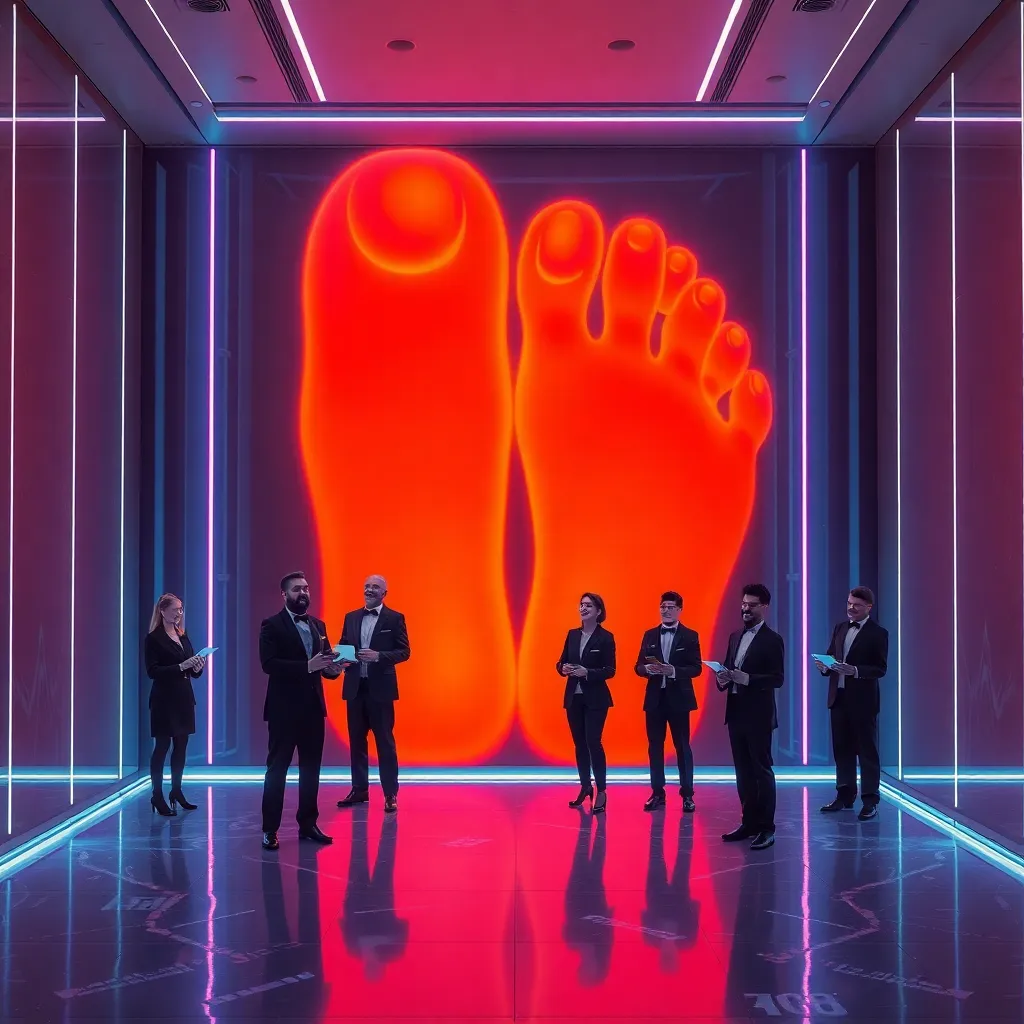 A futuristic digital art gallery where giant holographic orange-tinted toes are projected onto the walls, wealthy investors in tuxedos are weeping with joy while holding tablets, neon lights, cyberpunk aesthetic