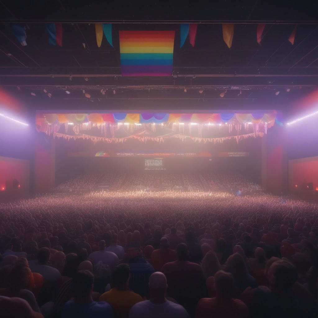 a high school auditorium with students seated and cheering, Tyler and the bullies hugging on stage, pride flags and balloons in the background, natural lighting, 4k, cinematic, heartwarming