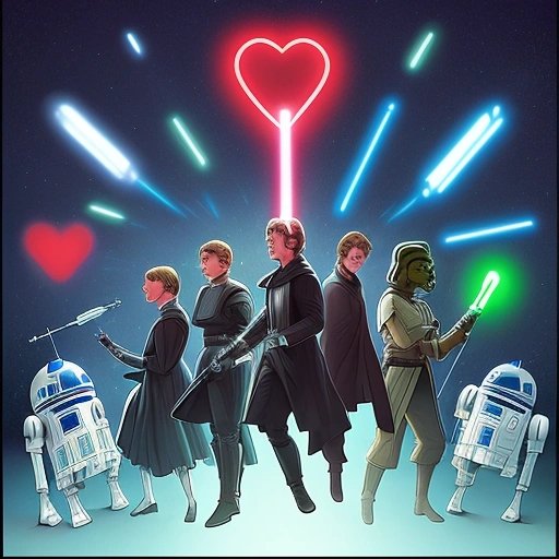 Heart-shaped lightsaber surrounded by the main characters