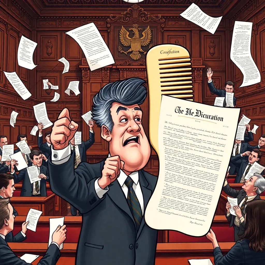 ornate parliamentary chamber in chaos, politicians waving papers covered in haircut symbols, one lawmaker holding an oversized comb like a constitutional document, dramatic expressions, humorous but realistic editorial illustration style