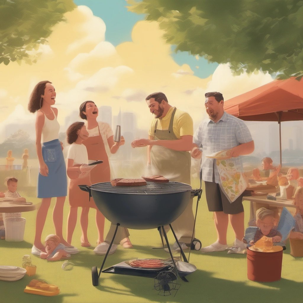 Family grilling under sunny skies