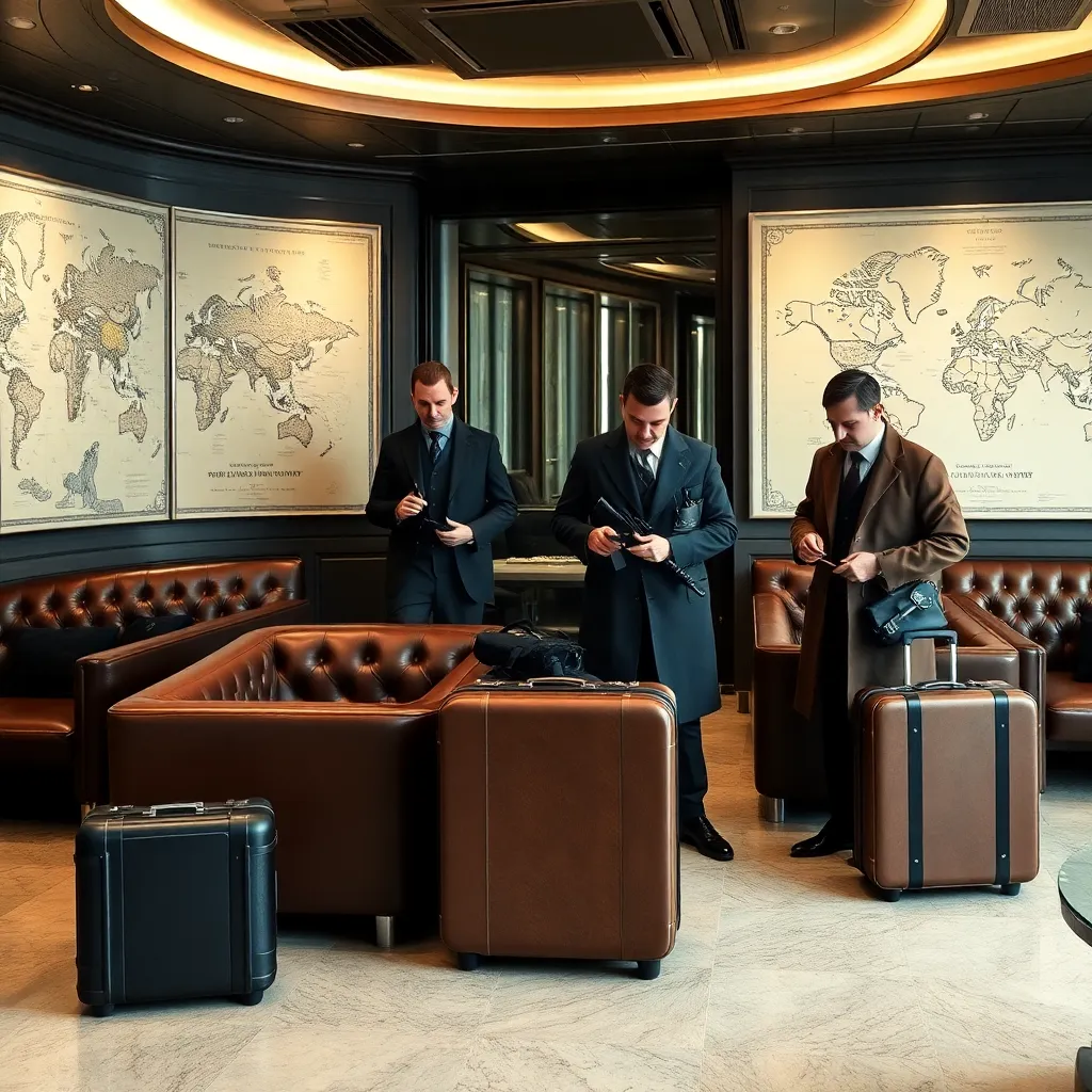 an absurd luxury airport lounge for covert adventurers, leather chairs, armored suitcases, maps on walls, elegant travelers in expensive coats checking mysterious itineraries, waiters serving caviar beside tactical gear, polished surreal realism