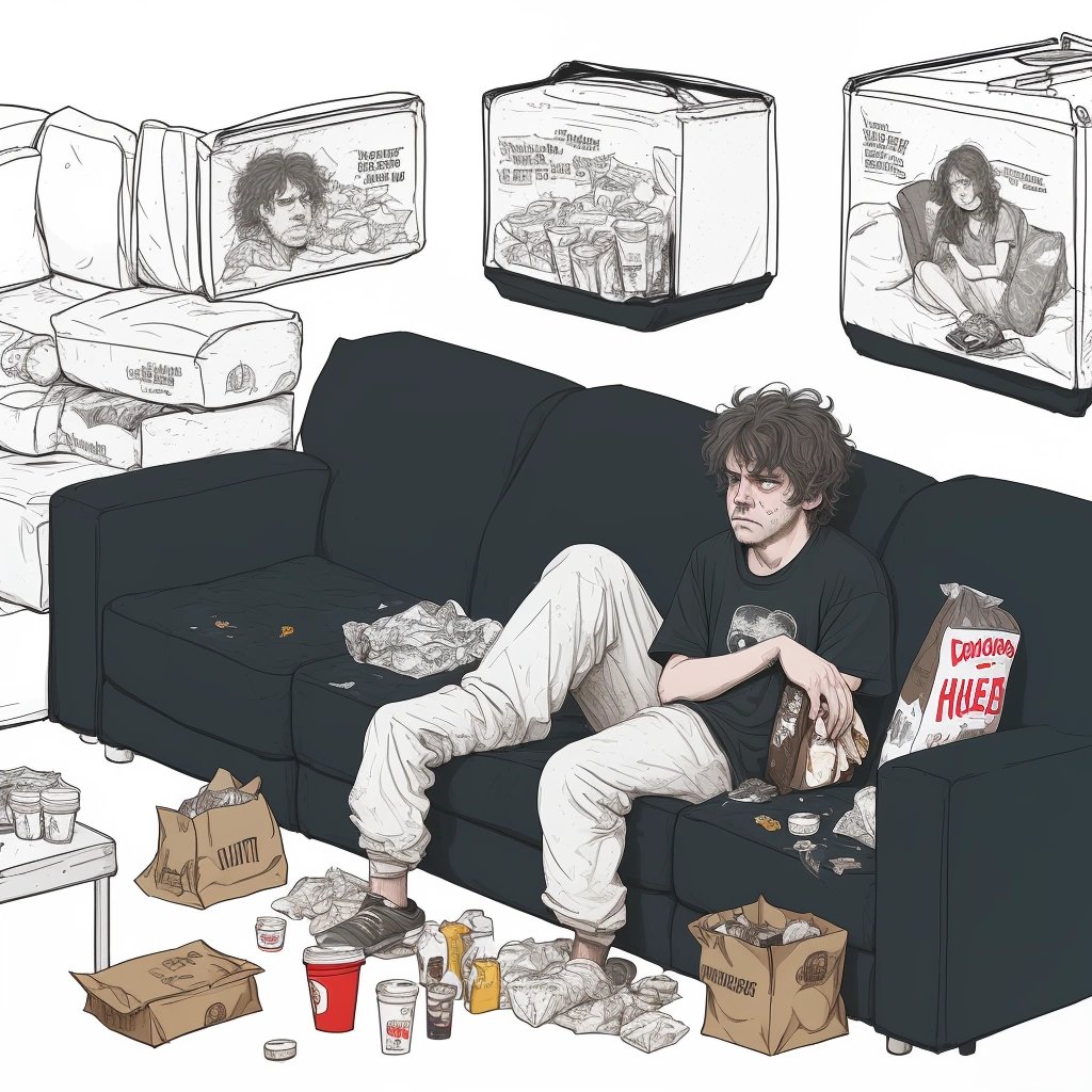 Depressed parent surrounded by junk food