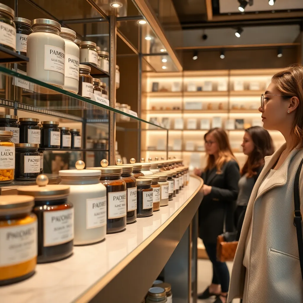 a chic boutique display of tiny ceramic jars labeled with absurd luxury names, elegant shelves, fashionable shoppers inspecting premium compost products as if they are perfume, glossy magazine aesthetic, surreal but believable