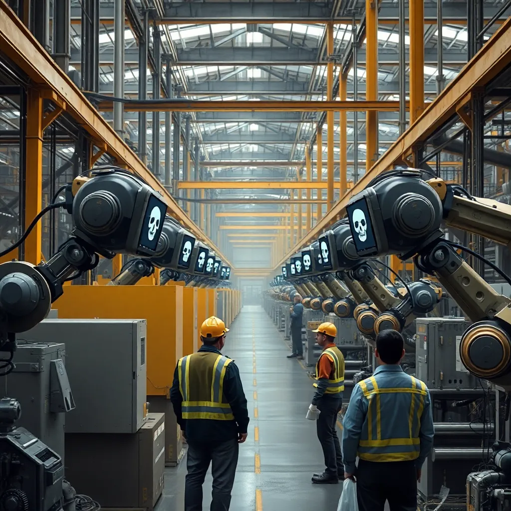 industrial facility with isolated embedded devices suddenly displaying skull warning icons, factory managers panicking, robotic arms frozen mid-task, workers staring at unplugged machines as if betrayed, realistic industrial setting with surreal cyber tension