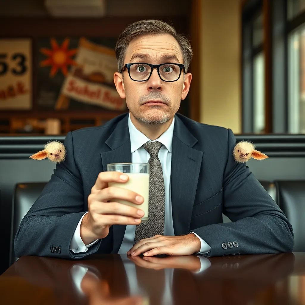 A confused man in a business suit sitting at a cafe table, holding a glass of milk, with two small, fuzzy udder-like growths visibly protruding from his elbows, photorealistic style, soft lighting