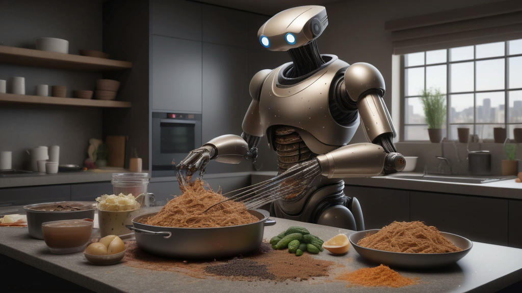 a chaotic kitchen scene with an AI robot chef holding a pot of spaghetti with peanut butter sauce, surrounded by bizarre ingredients like chocolate-covered pickles, hyper-realistic, intricate details, photorealism, dramatic lighting, concept art