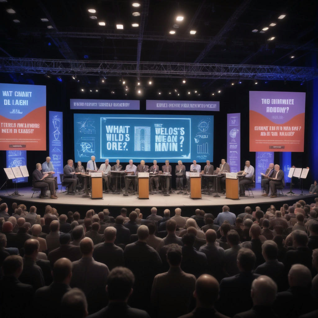 An economic debate stage where economists and theologians are seen arguing passionately about the symbolic meaning, with a few individuals hilariously shining flashlights on each other.