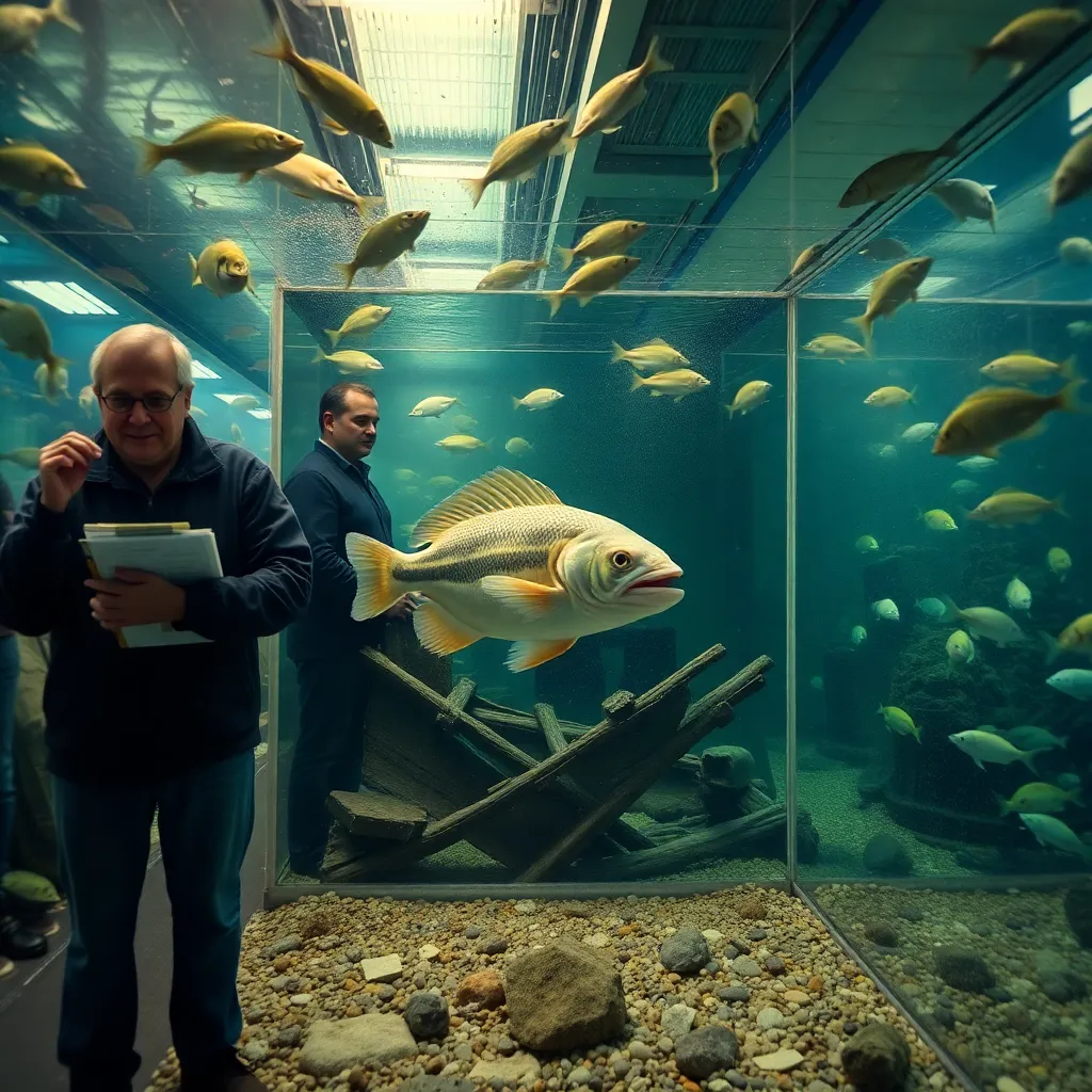 inside a chaotic public aquarium where tanks have become filled with pale lager, fish behaving strangely, a sulking catfish inside a miniature shipwreck, exhausted marine biologists with clipboards, fluorescent public-institution lighting, surreal documentary style