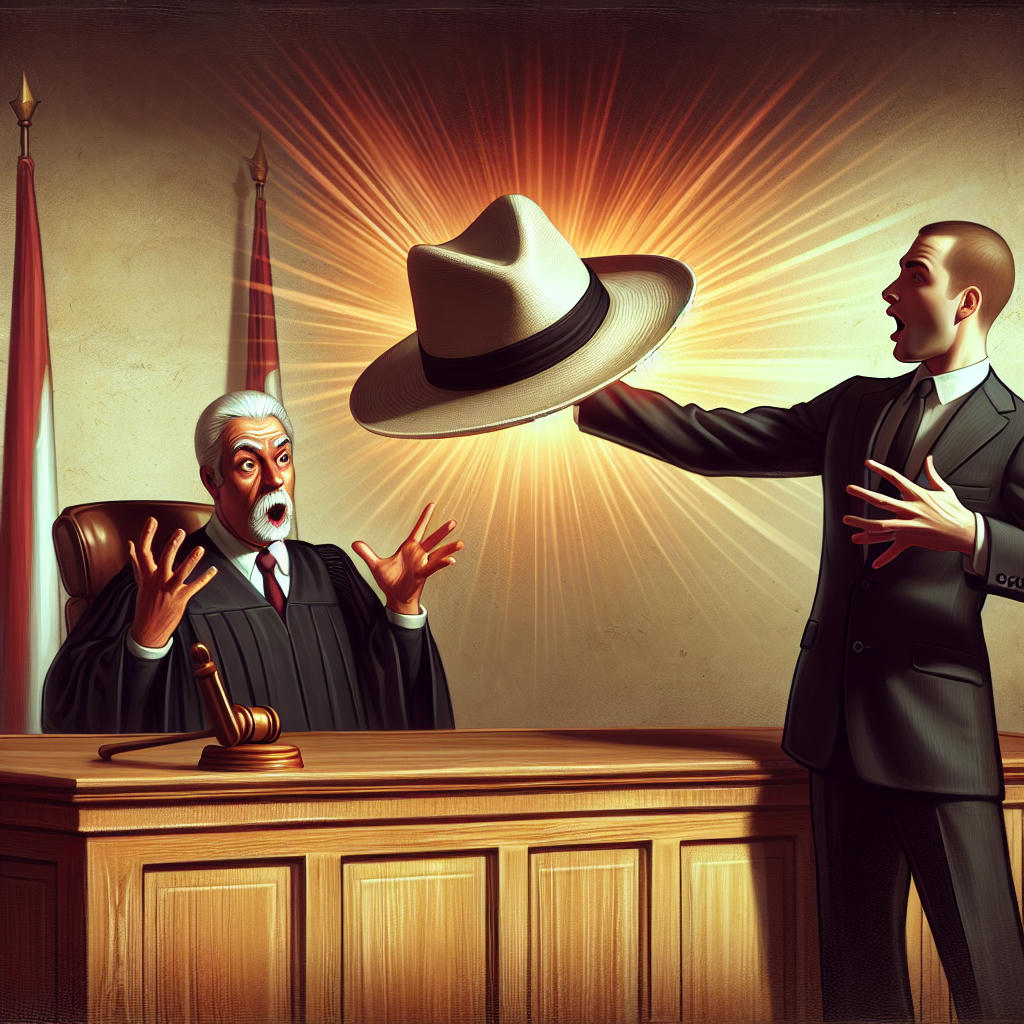 Barrister holding a hat in court, presenting it as evidence.
