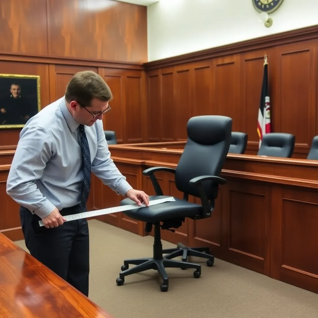 A wide shot of a quiet, wood-paneled courtroom where a court clerk is carefully measuring the distance between a judge's chair and a newly installed ergonomic footrest using a silver ruler, somber atmosphere, official record style.