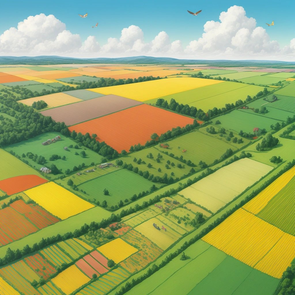 Diverse farm landscape with crops and animals